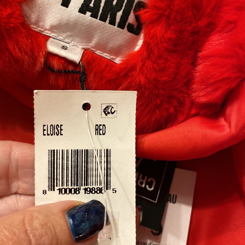 Apparis - scarlet red luxurious, faux fur coat with notched collar and pockets - Picture 11 of 16